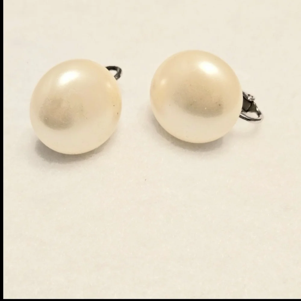 Vintage Faux Pearl Clip-On Earrings, Silver Tone, Classic Button Style